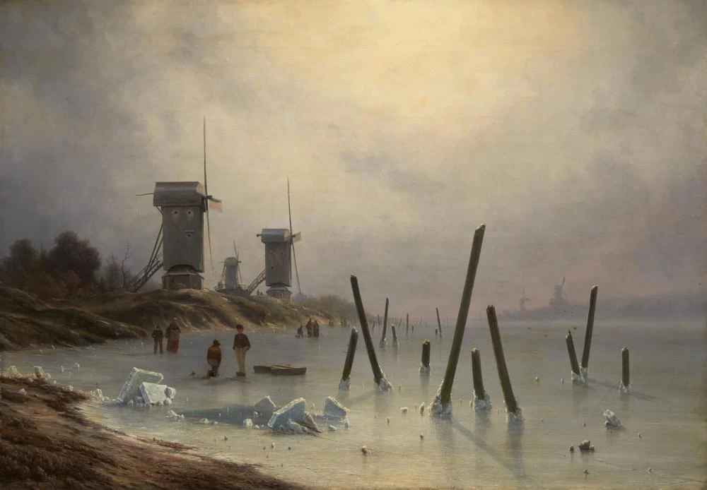 Paesaggio invernale con mulini a vento